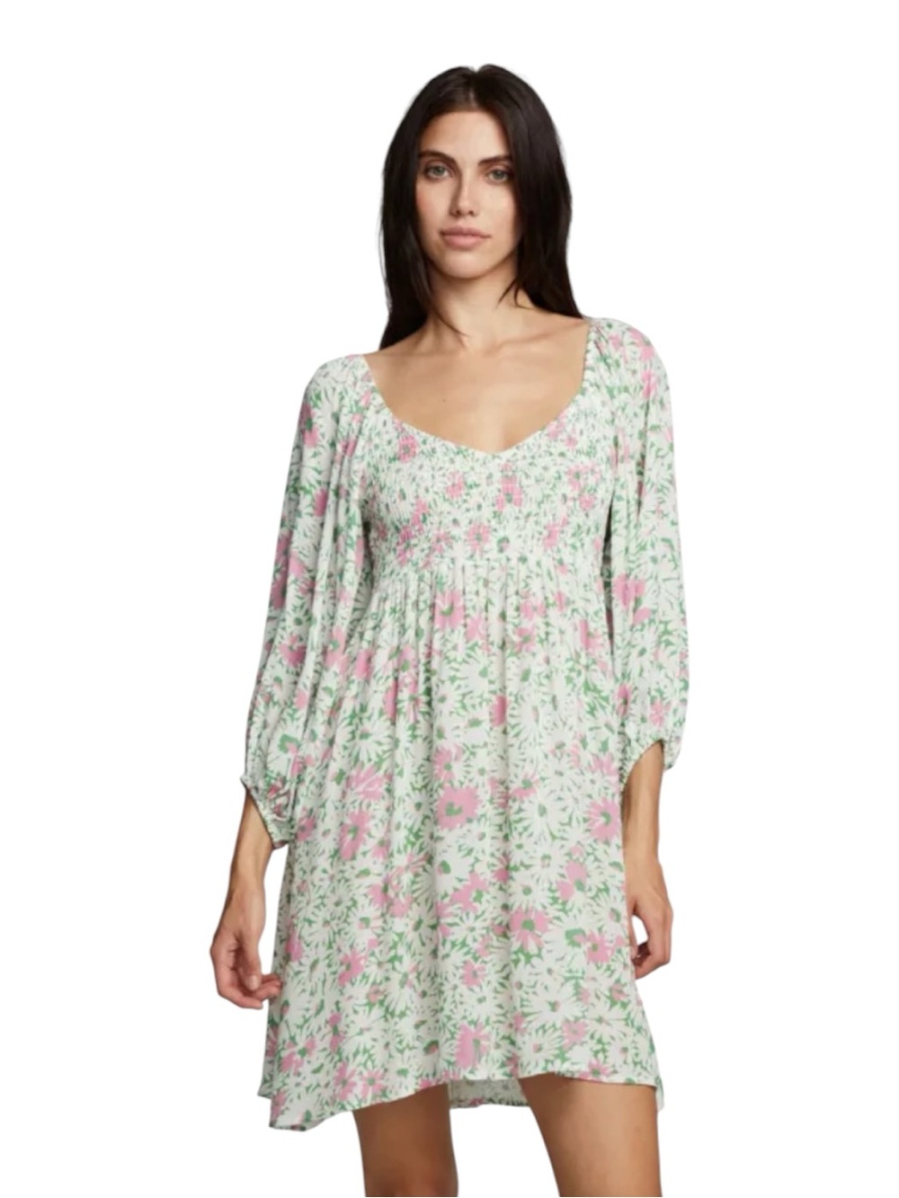 Chaser Dolce Daisy Smocked Mini Dress Size Medium Pink Green Floral Print